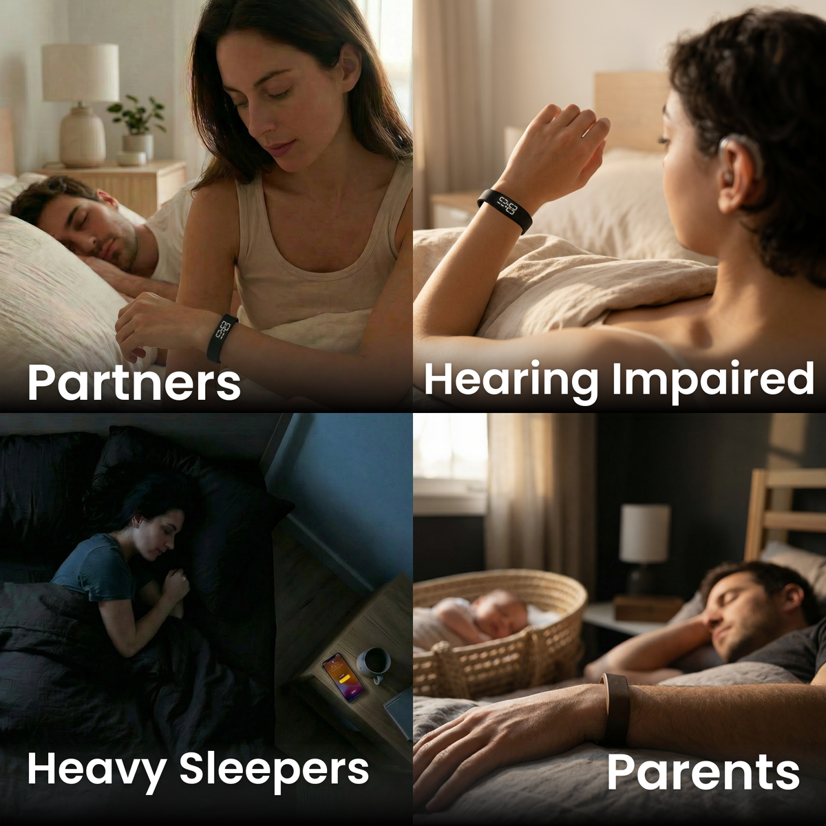 Four images highlight people using the Morning Vibe Vibrating Wrist Alarm in bed. Top left: partners, with one checking their vibrating wrist alarm that may feature a silent alert. Top right: a woman with a hearing aid looks at her wrist, possibly relying on the Morning Vibe’s vibration to wake up discreetly. Bottom left: an individual sleeping deeply while wearing the device. Bottom right: a parent rests near their baby, benefiting from the silent vibrations of the Morning Vibe Wrist Alarm.