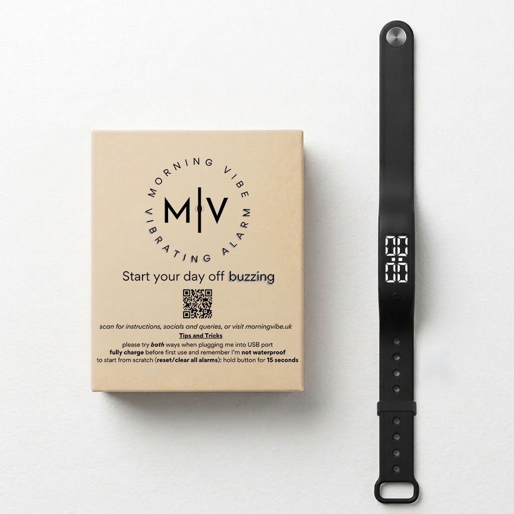 A Morning Vibe Vibrating Wrist Alarm with a digital display is displayed alongside its box, which features the product name, setup instructions, a QR code, and branding. This silent alarm wristband provides a gentle wake-up experience without disturbing others.