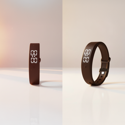 The Morning Vibe Vibrating Wrist Alarm, a digital wristwatch with a brown band and a discreet vibrating alarm, is displayed from the front and side on a glossy white surface against a softly lit, warm background.
