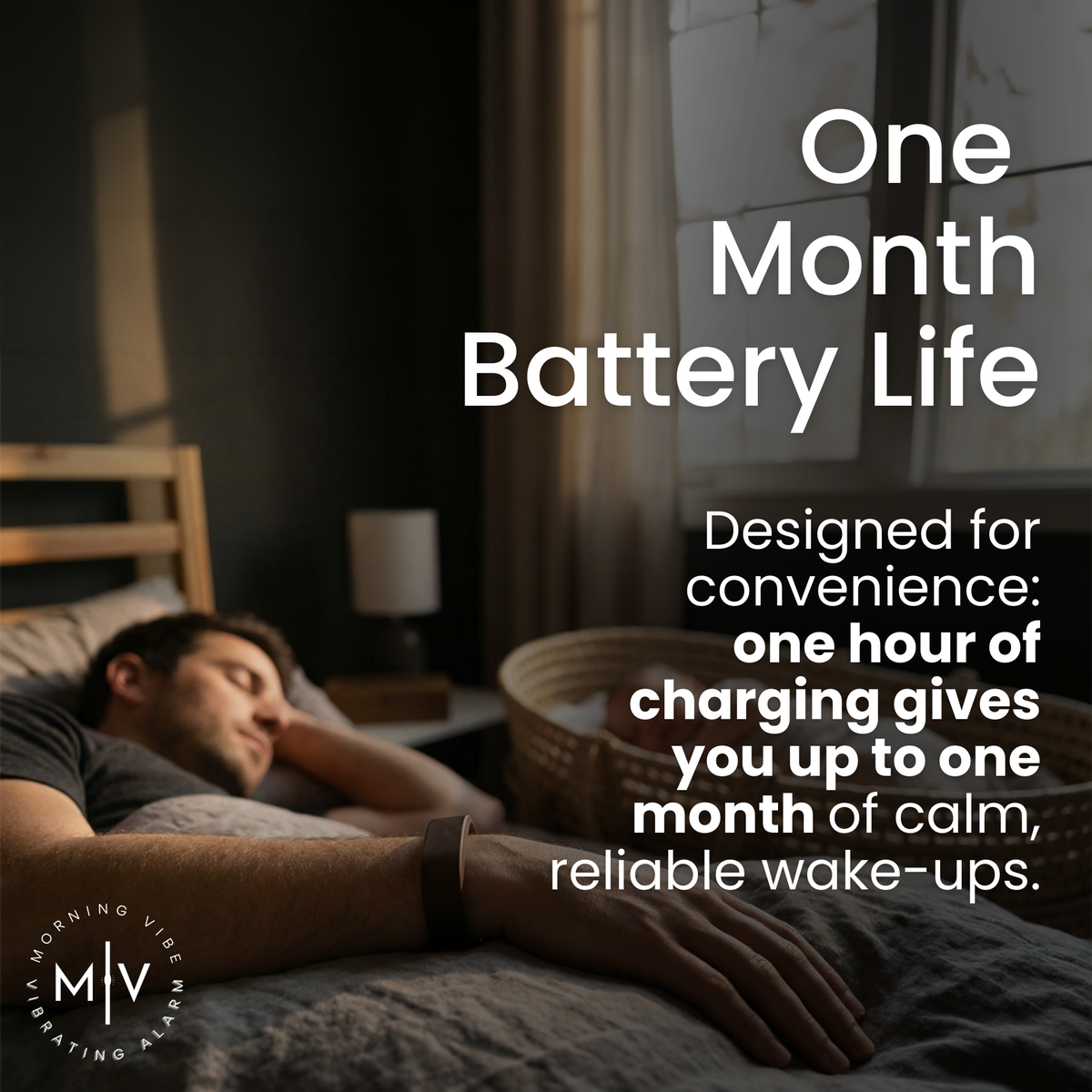 A man sleeps in a sunlit bedroom wearing the Morning Vibe Vibrating Wrist Alarm. Text reads: One Month Battery Life. Just one hour of charging delivers up to one month of reliable, peaceful wake-ups with the gentle vibrating alarm. The Morning Vibe Vibrating Wrist Alarm logo is displayed.