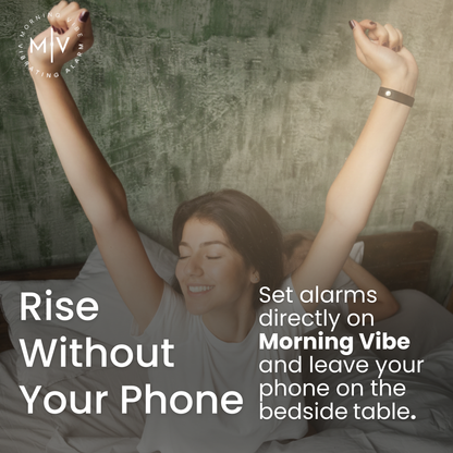 A smiling woman stretches in bed with her arms raised. Overlaid text promotes the Morning Vibe Vibrating Wrist Alarm, encouraging users to set silent alarms on it and keep their phones on the bedside table.