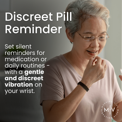 An older woman wearing glasses and a wristband prepares to take a pill. The text highlights the Morning Vibe Vibrating Wrist Alarm—a discreet pill reminder that gently vibrates on your wrist to help you remember medication or daily routines.